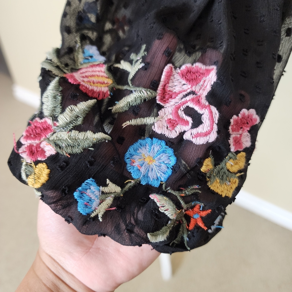 ZARA Trafaluc Black Embroidered Floral Long Sleeve Tassel Chiffon Top Boho XS - Picture 6 of 12